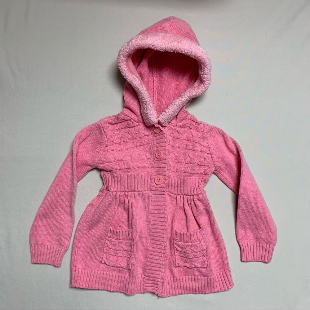 Pink Cardigan Sweater Girl’s 4T Faux Fur Trim Christmas Holiday Hooded Winter